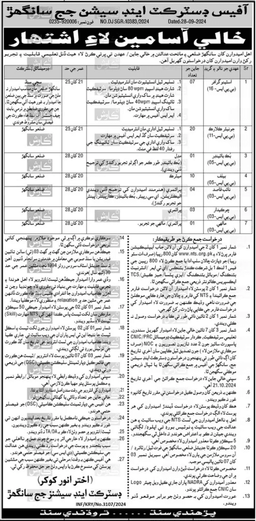 District & Session Judge Sanghar Jobs 2024