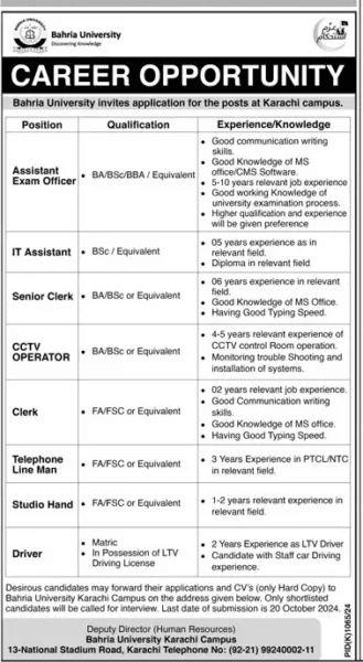 Bahria University Karachi Campus Jobs 2024