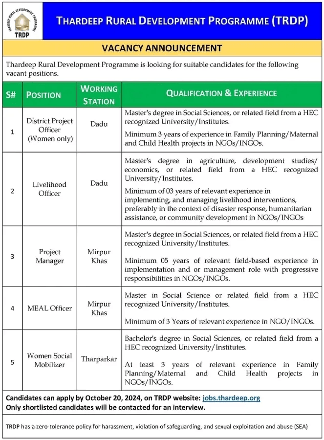 Thardeep Rural Development Programme (TRDP) Jobs