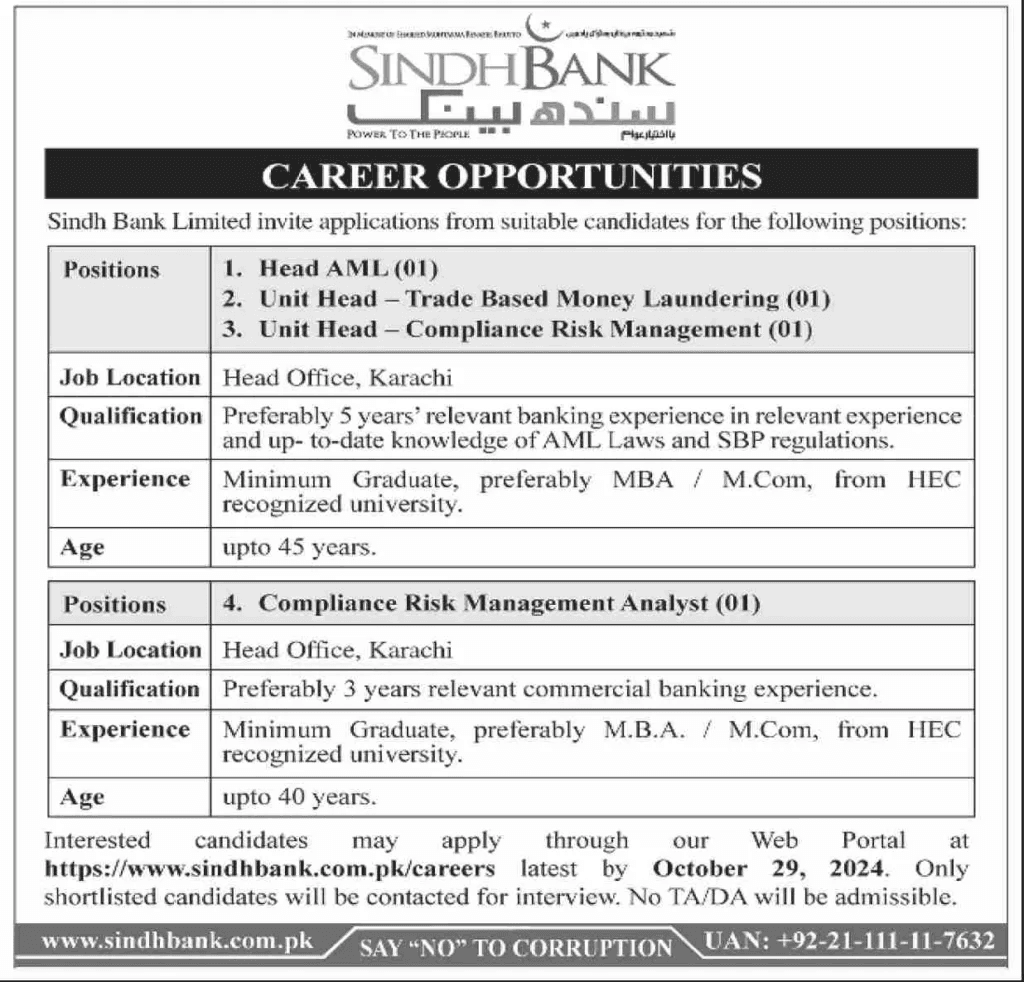 Sindh Bank Limited Jobs 2024