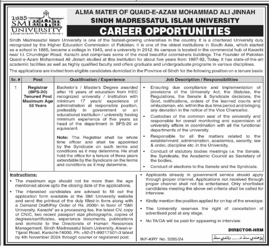 Sindh Madressatul Islam University (SMIU) Jobs 2024