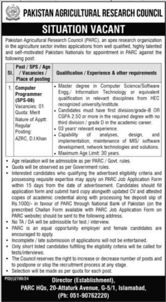 Pakistan Agricultural Research Council PARC Jobs 2024