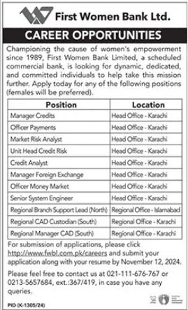 First Women Bank Ltd Jobs 2024