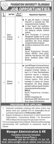 Foundation University Islamabad (FUI) Jobs 2024