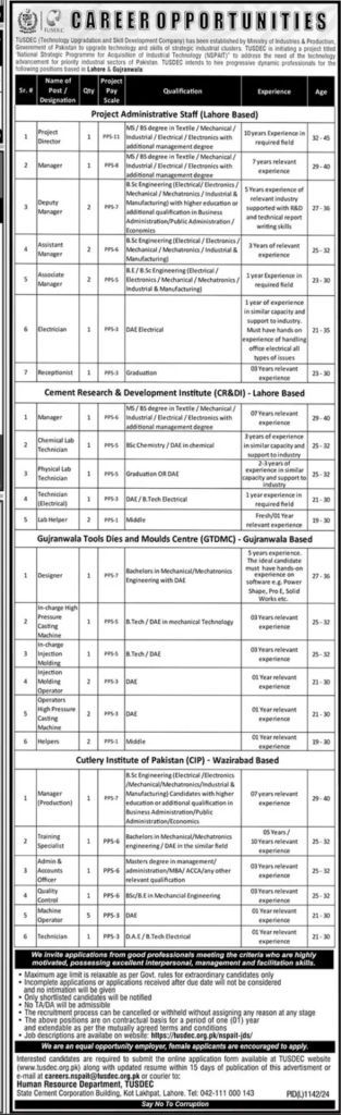 Technology Upgradation & Skill Development Company (TUSDEC) Jobs 2024
