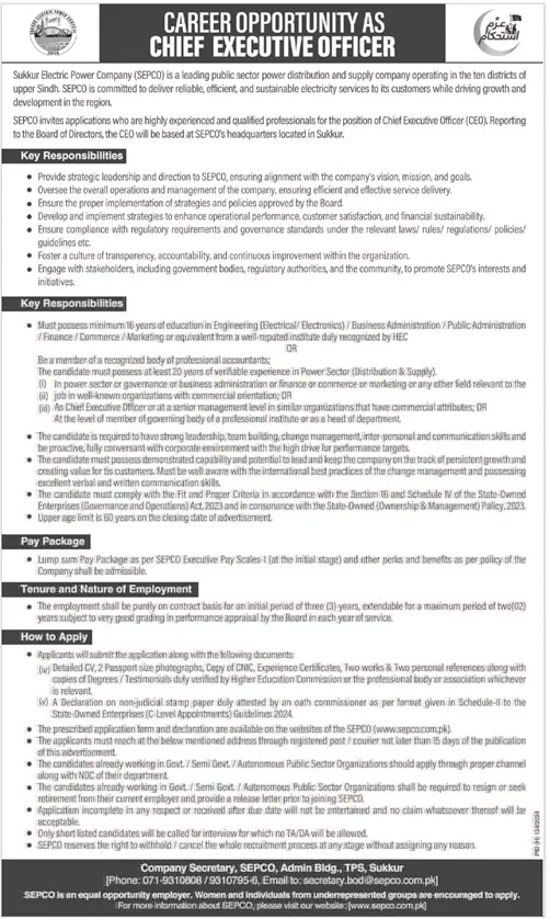 Sukkur Electric Power Company (SEPCO) Jobs 2024