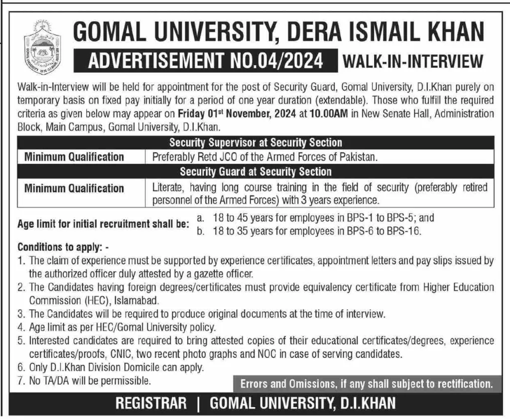 Gomal University in Dera Ismail Khan Jobs 2024