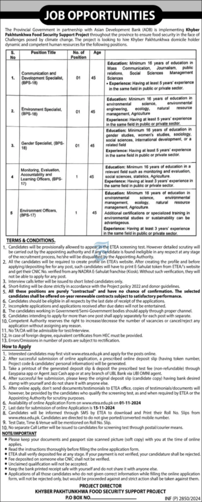 Khyber Pakhtunkhwa Food Security Support Project Jobs 2024