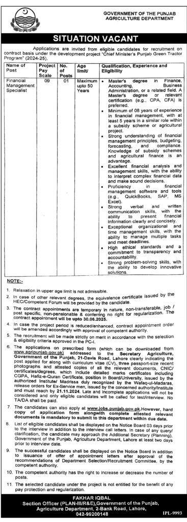 Punjab Agriculture Department Jobs 2024