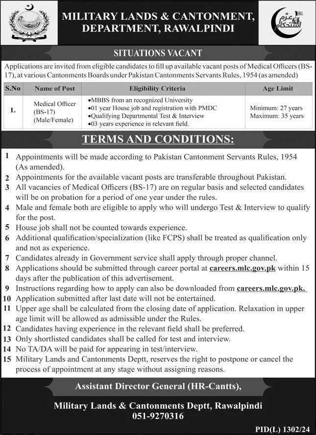 Military Lands & Cantonment Department Jobs 2024