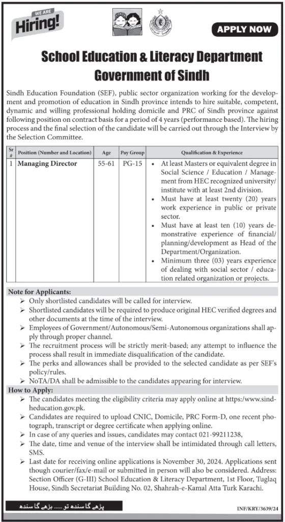 School Education And Literacy Department Sindh Jobs 2024