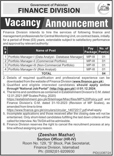 Finance Division Government of Pakistan Jobs 2024