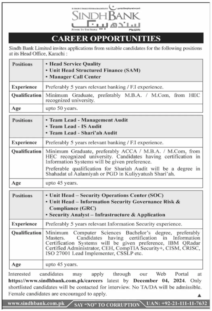 Sindh Bank Limited Jobs 2024 Apply Online