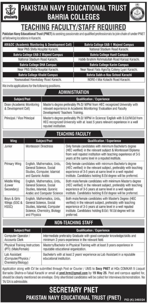 Pakistan Navy Educational Trust – Bahria Colleges Job Description Summary