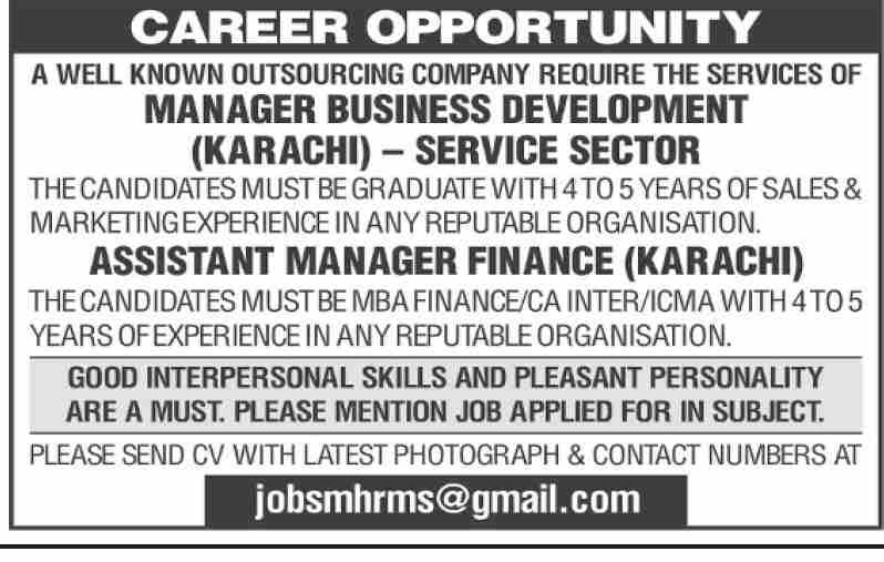 Business Development Manager & Assistant Manager Finance (Karachi)
