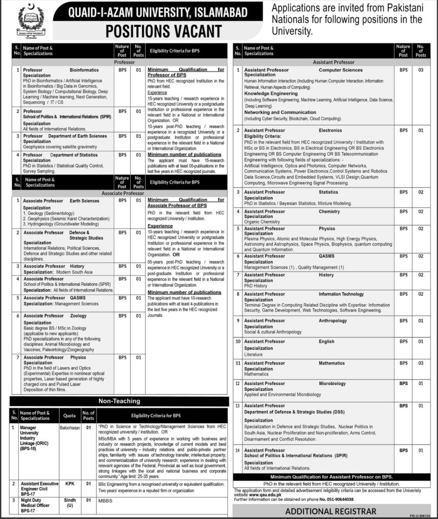 Faculty & Non-Teaching Positions at Quaid-i-Azam University Islamabad