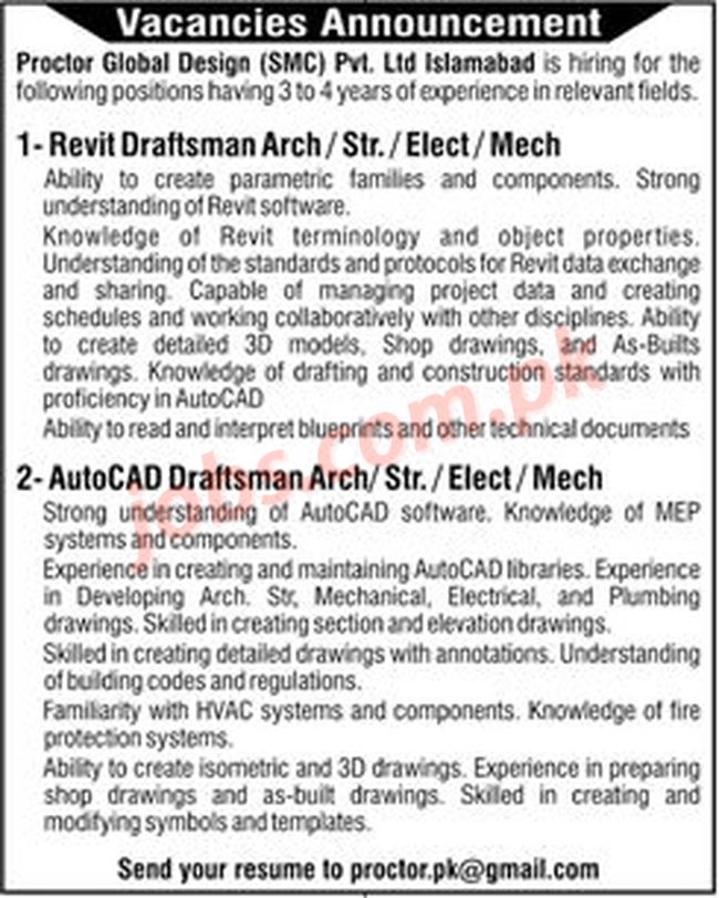 Proctor Global Design Islamabad Jobs 2023 for Draftsman and AutoCAD Draftsman Vacancies
