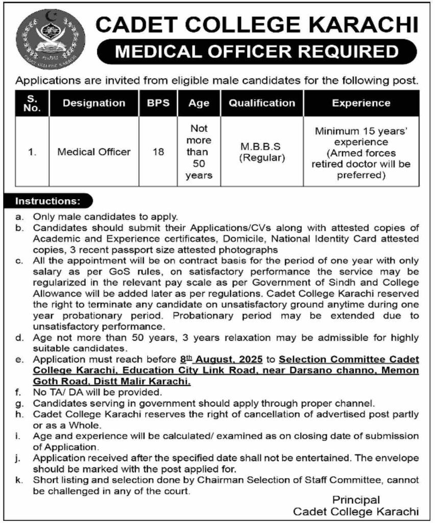 Cadet College Karachi – Career Opportunity for Medical Officer