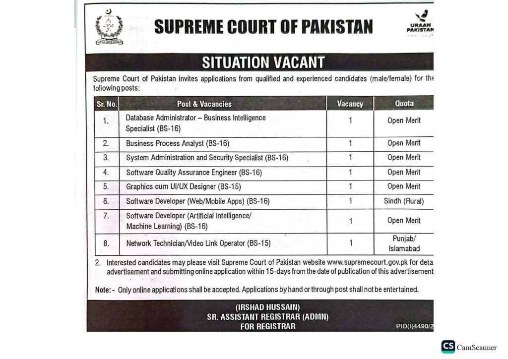 Supreme Court of Pakistan Jobs 2025 – Latest Recruitment for IT & Technical Staff (Apply Online)