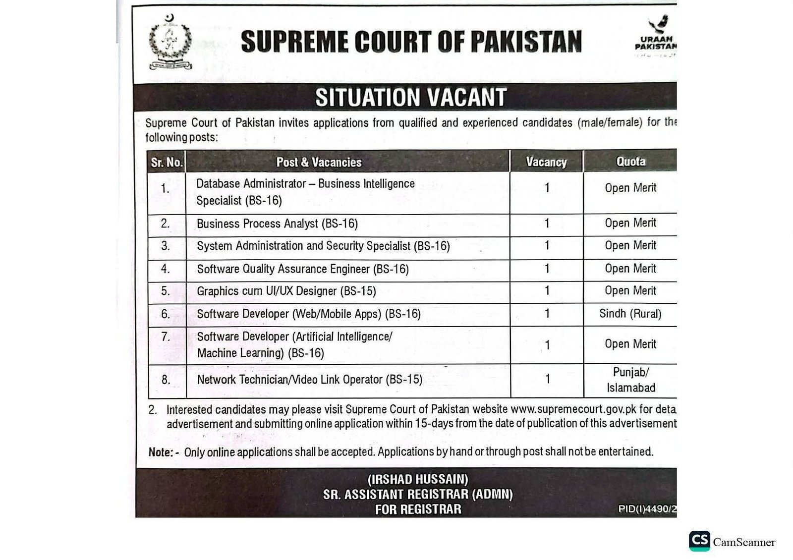 Supreme Court of Pakistan Jobs 2025 – Latest Recruitment for IT & Technical Staff (Apply Online)