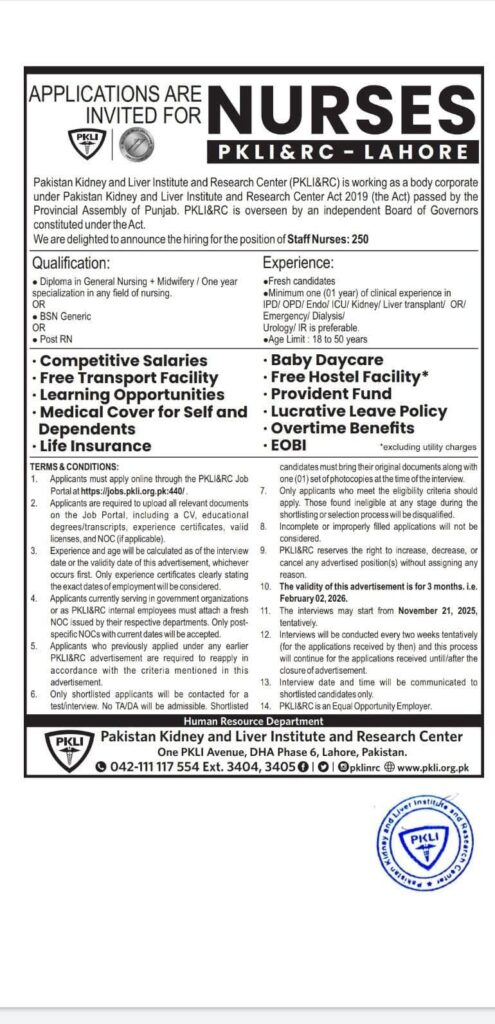 PKLI & RC Lahore Jobs 2025 – Apply Online for Staff Nurses | 250 Vacancies Announced