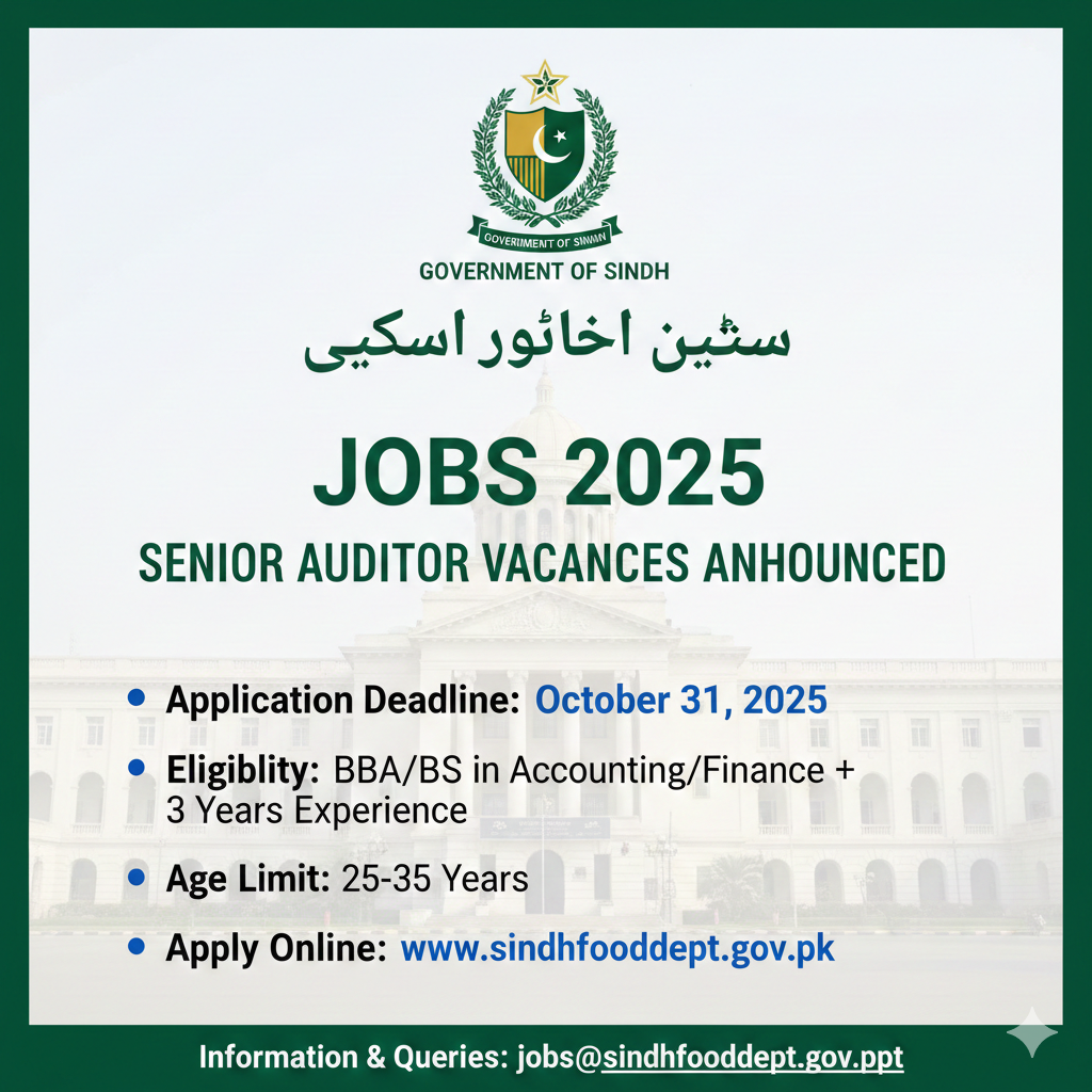 Government of Sindh Food Department Jobs 2025 | Senior Auditor Vacancies Announced